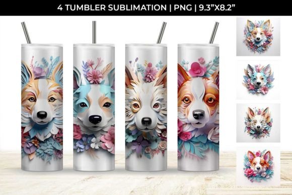 3d Floral Fantasy Corgi Tumbler Wrap PNG
