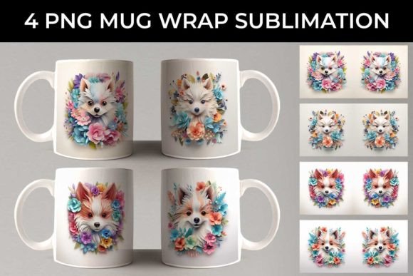 3D Floral Fantasy Pomeranian Mug Wrap: Adorable Art for Your Drinkware