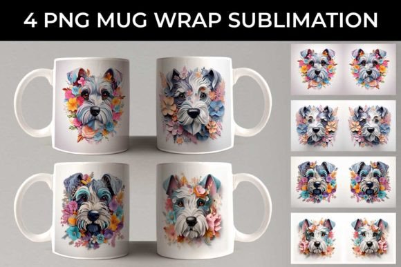 3D Floral Fantasy Schnauzer Mug Wrap PNG Design