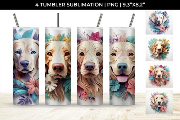 3D Floral Golden Retriever Tumbler Wrap Design