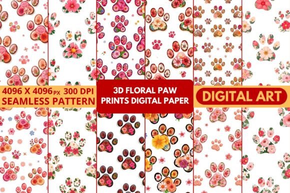 3d Floral Paw Prints Digital Paper