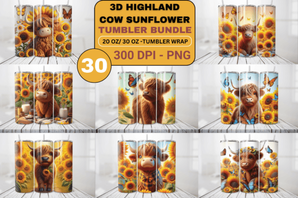 3D Highland Cow Sunflower Prints Bundle