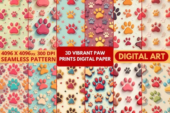 3D Vibrant Paw Prints Digital Paper: Creative Backgrounds
