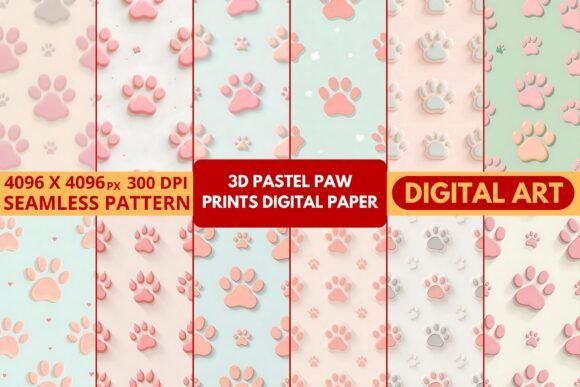 Charming 3D Pastel Paw Prints Digital Paper for Creative Projects