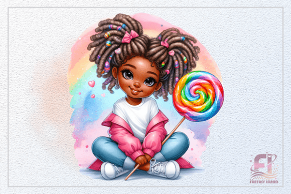 Cute African American Girl with Lollipop Design Asset